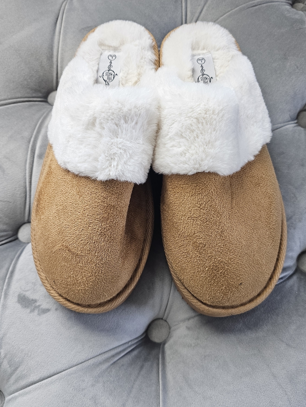 Cozy Faux-Suede Slippers with Plush White Cuff - Tan